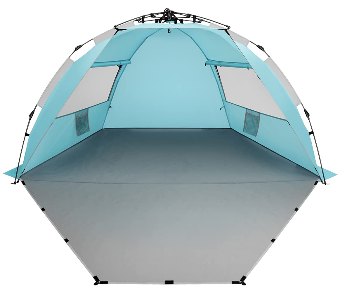 Oileus X-Large 4 Person Beach Tent Sun Shelter - Portable Sun Shade Instant Tent for Beach with Carrying Bag, Stakes, 6 Sand Pockets, Anti UV for Fishing Hiking Camping, Waterproof Windproof, Sky Blue