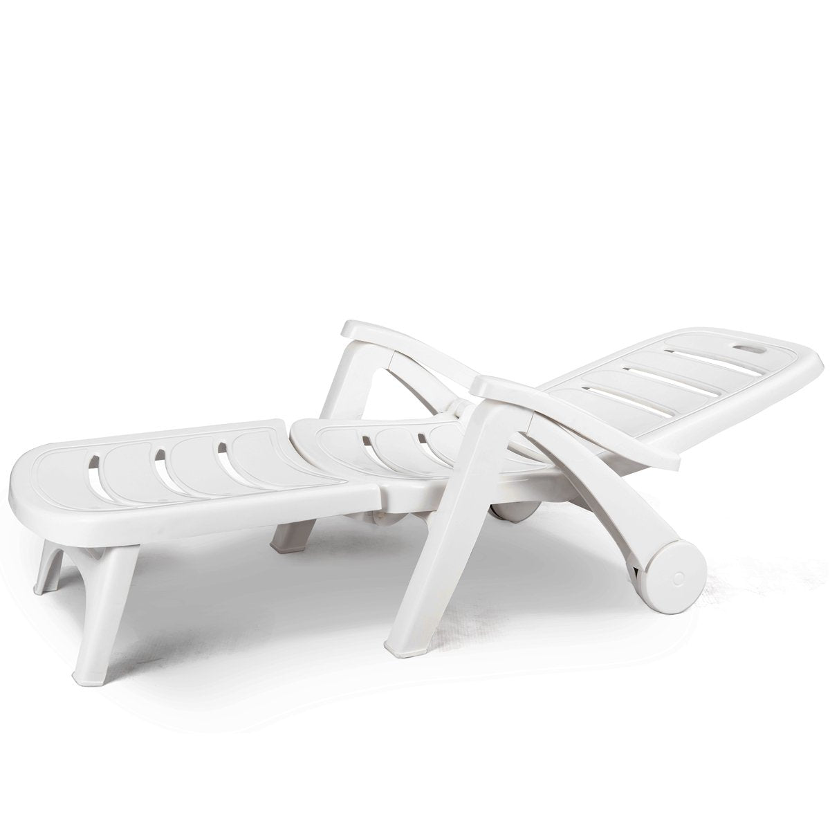 Giantex Folding Lounger Chaise Chair on Wheels Outdoor Patio Deck Chair Adjustable Rolling Lounger 5 Position Recliner w/Armrests (2, White)
