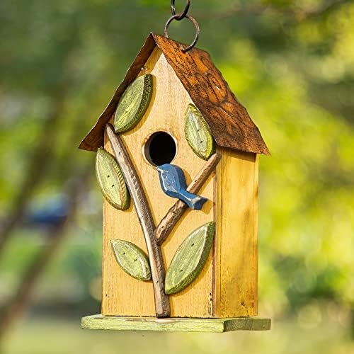 Glitzhome 9.7" H Hanging Birdhouse for Outdoor Patio Garden Decorative Pet Cottage Distressed Wooden Birdhouse, Leaves Rustic Yellow