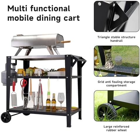 Stainless Steel Outdoor Grill Cart with Wheels, Heavy-Duty 3-Tier BBQ Prep Table for Pizza Oven, Griddle, Patio – Rustproof Commercial Kitchen Cart with Tool Hooks