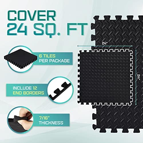 Yes4All interlocking Exercise Foam floor mats, for Gym Equipment – Eva Tiles (24 Square Feet – Black – 6 pcs)
