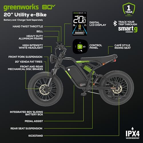Greenworks 80V 20" All-Terrain Fat Tire Electric Bike for Adults (750W Brushless Rear Hub Motor), 7-Speed, Up to 20 MPH, Dual Disc Brakes, Pedal Assist, Battery Not Included