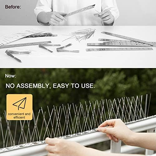OFFO Bird Spikes Pre-Assembled for Pigeons Birds, Cover 24 Feet Durable Bird Spikes with Stainless Steel for Fence Roof Mailbox Window