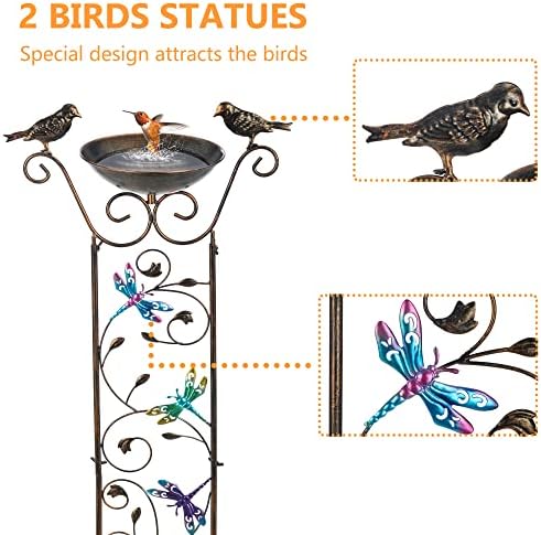 Bird Bath with Trellis Outdoor, Antique Garden Iron Plant Trellis with Decorative Dragonfly Detachable Bird Bath Bowl Metal Potted Plant Support for Climbing Flowers