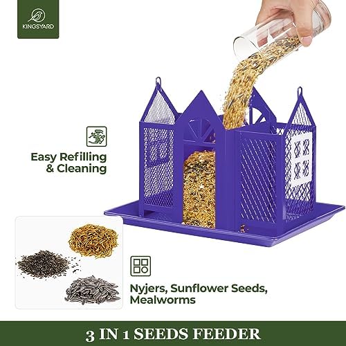 Kingsyard Bird Feeder House for Outside, Metal Mesh Wild Bird Feeder with Triple Feeders for Finch Cardinal Chickadee, Large Capacity, Weatherproof and Durable, Purple