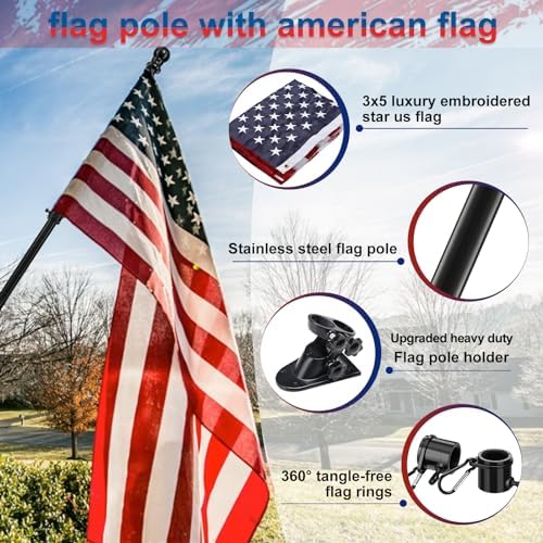 American Flag with Pole Kit - 6ft Heavy Duty Tangle Free Flag Pole Holder for Outside House,3X5 Embroidered US Flag,Dual Position Bracket for Front Porch,Garage,Outdoor