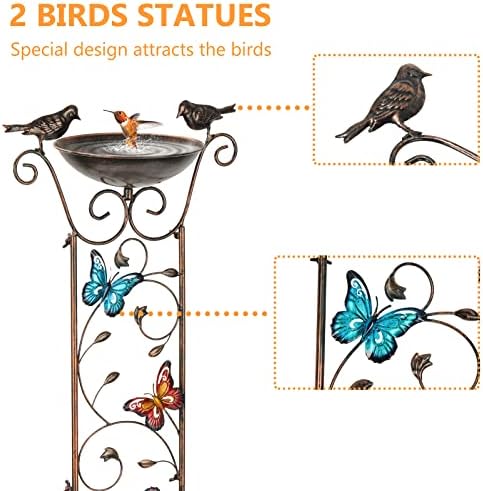 Bird Bath with Trellis Outdoor, Antique Garden Iron Trellis with Decorative Butterflies Detachable Bird Bowl Metal Potted Plants Support for Climbing Flowers