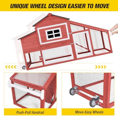 Aivituvin Chicken Coop Outdoor with Wheels, Mobile Hen House Wooden Poultry Cage with Run & Waterproof Roof (Red with White)