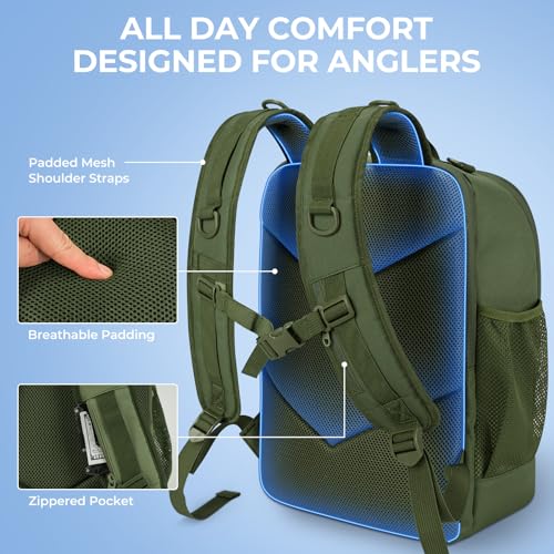 KastKing Karryall Medium Fishing Tackle Backpack With Rod Holder, 4 Tackle Boxes, Water-resistant Fishing Bag Storage Fishing Gear and Equipment