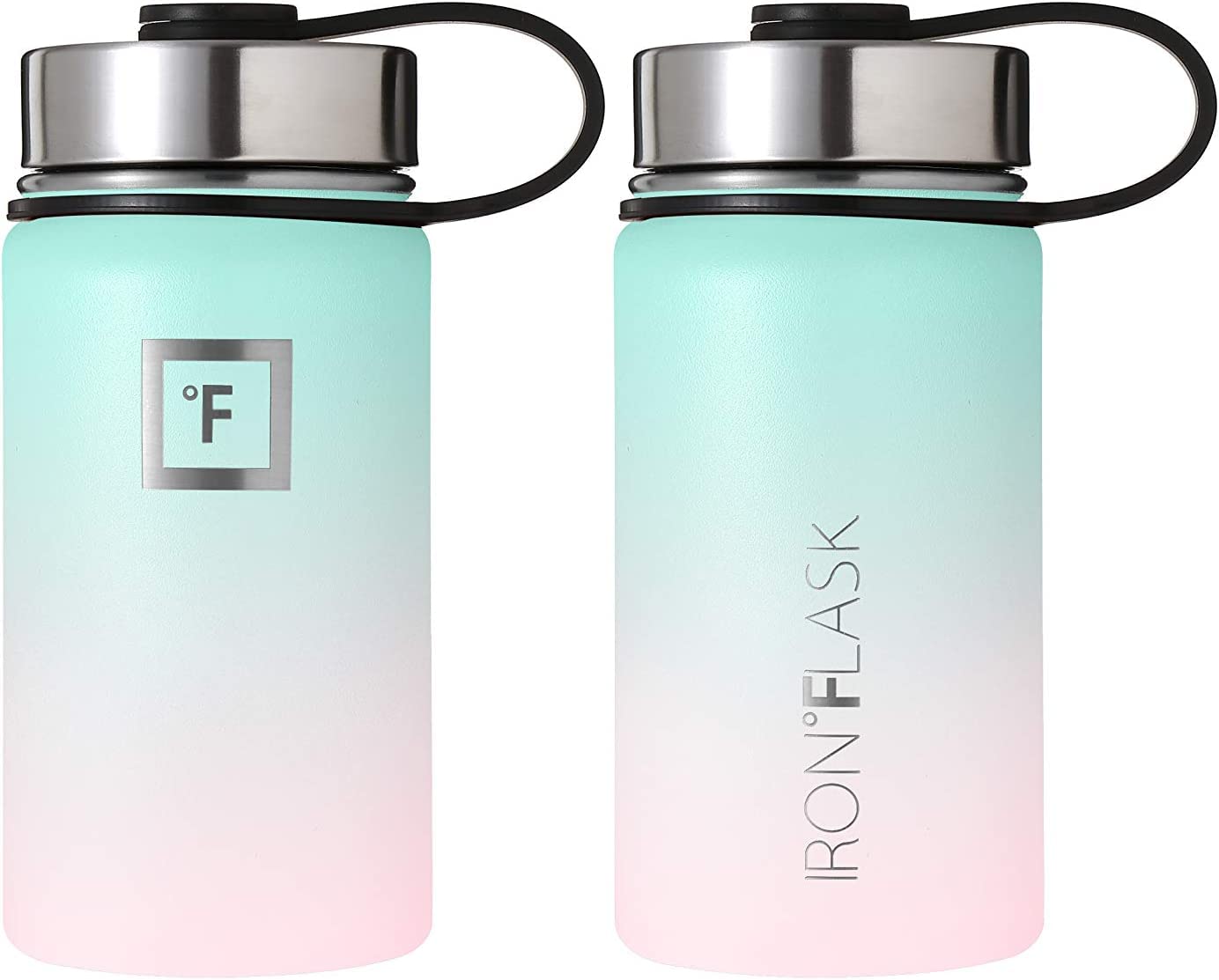 IRON °FLASK Camping & Hiking Hydration Flask, Wide Mouth, 3 Straw Lids, Stainless Steel Outdoor Water Bottle, Double Walled, Insulated Thermos, Metal Canteen - Bubble Gum, 14 Oz