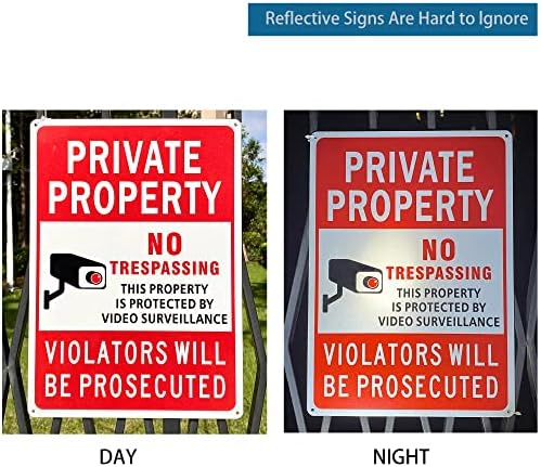 (2 Pack) Large No Trespassing Signs Private Property, Violators Will Be Prosecuted,14"x10".04" Aluminum Reflective Metal Sign,Weather Resistant, Waterproof, Durable Ink, Easy to Mount