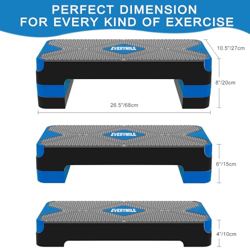 EVERYMILE Aerobic Exercise Step, Adjustable Aerobic Stepper for Exercise, Workout Step Platform, Step Up Box, 26.5" Step Deck with 4” 6” 8” Adjustable Height Risers, Women Home Gym Fitness