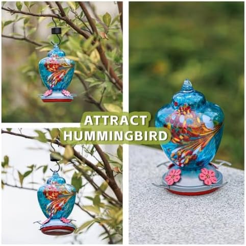 REZIPO Hummingbird Feeder with Perch - Hand Blown Glass - Blue - 38 Fluid Ounces Hummingbird Nectar Capacity Include Hanging Wires and Moat Hook