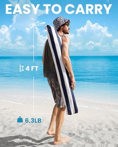 OutdoorMaster Beach Umbrellas for Sand with Sandbag & Anchor, 6.5ft Adjustable Umbrella for Beach Heavy Duty Wind, Portable UPF50+ Sunshade with Carry Bag for Patio, Navy Striped