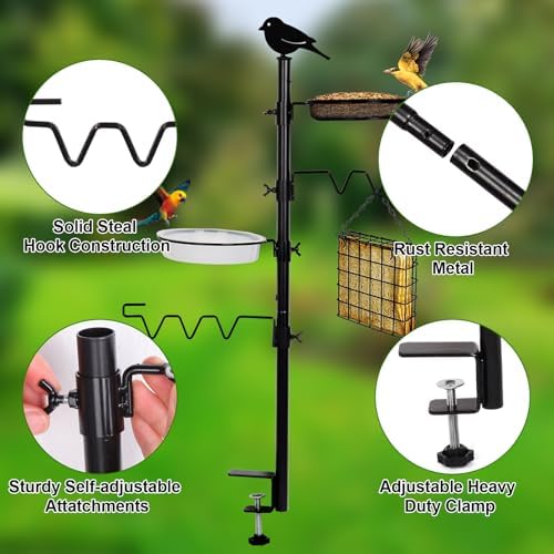 Deck Bird Feeder Station Kit Deck Bird Bath Hook Bird Feeding Pole, Steel Multi Bird Feeder Railing Hanging Kit, Bird Feeder Stand Porch Planter Hanger for Attracting Wild Birds(Black)