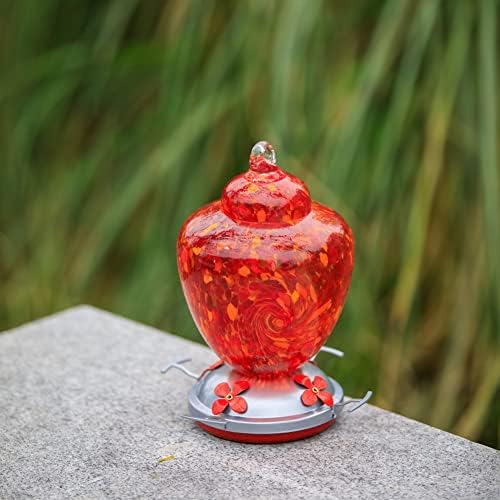 REZIPO Hummingbird Feeder with Perch - Hand Blown Glass - Red - 38 Fluid Ounces Hummingbird Nectar Capacity Include Hanging Wires and Moat Hook