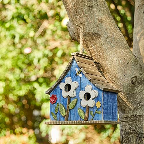 Glitzhome Hanging Birdhouses for Outdoors, 10.75" L Distressed Solid Wood Birdhouse with 3D Flowers Rustic Hand-Painted Bird Houses for Outside