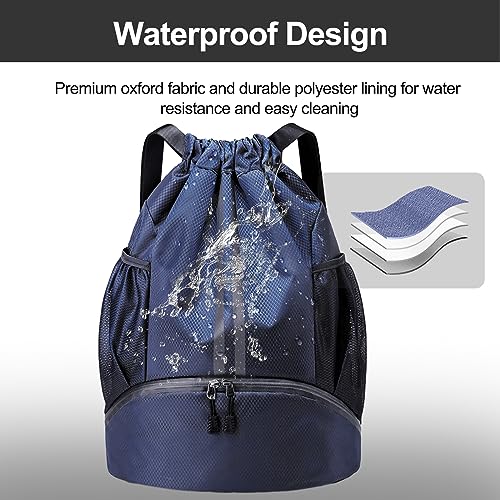 Hoedia Sports Drawstring Backpack - String Swim Gym Bag with Shoes Compartment and Wet Proof Pocket for Women/Men (Navy Blue)