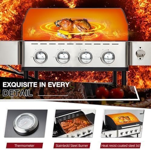 4-Burner outdoor grill with Side Burner, Stainless Steel Spice Rack 542 Sq.In BBQ, 45,000 BTU Portable Propane Grill Output for Outdoor Cooking Kitchen, gas grills Barbecue