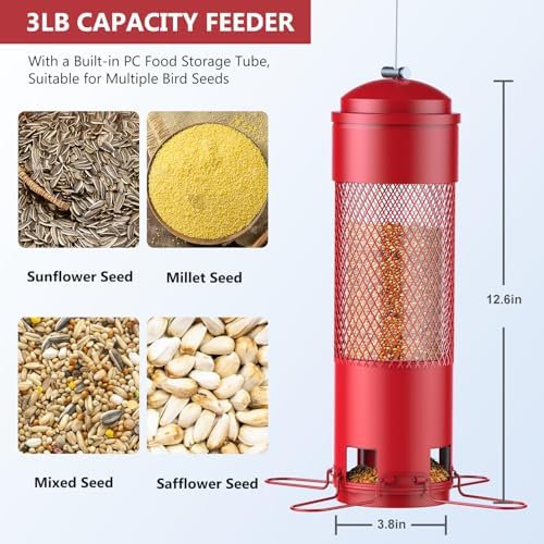 Bird Feeders for Outdoors Squirrel Proof with Weight-Activated Perches, Hanging Bird Feeder for Outside, Metal Feeder for Wild Birds, Finch, Blue Jay, Chickadee, 3LB Seed Capacity, Red