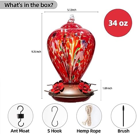 Gifts for Mom 34OZ Hand Blown Glass Hummingbird Feeders for Outdoors Hanging, with Ant Moat Humming Bird Feeders, Porch Backyard Decor Gifts for Women (Floral Balloon)