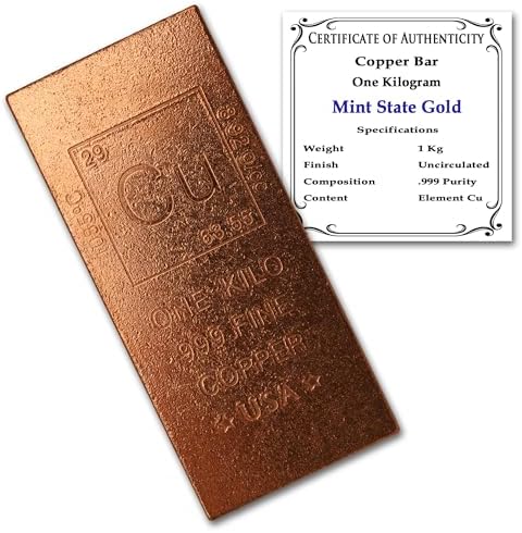 1 Kilo Copper Bar (Flat Style) .999 Pure Bullion with Periodic Table Element Design (1 kg) by Mint State Gold