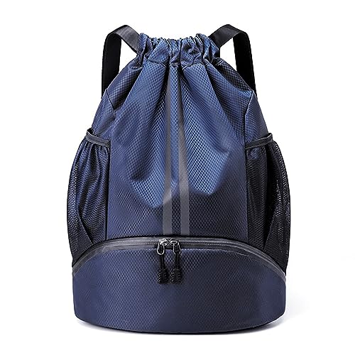 Hoedia Sports Drawstring Backpack - String Swim Gym Bag with Shoes Compartment and Wet Proof Pocket for Women/Men (Navy Blue)