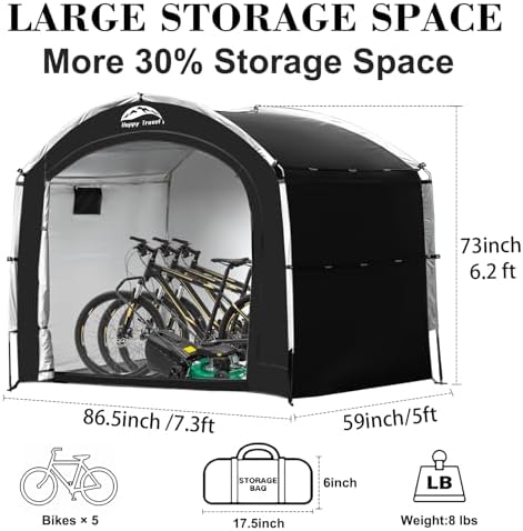 Happy Travel Bike Storage Tent Shed, Outdoor Waterproof Bicycle Covers Shelter with Window for 2/4/6/8 Bikes,Oversized Outside Portable Sheds for Lawn Mower,Garden Tools (Black)