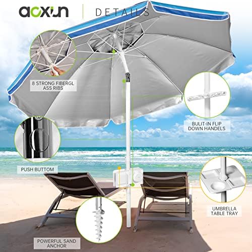 Aoxun 6.5ft Beach Umbrella with Tray and Tilt Pole Portable Patio Umbrella with Sand Anchor and Carry Bag Outdoor UPF 50+ Sun Shelter with Air Vents Design (Navy Blue)