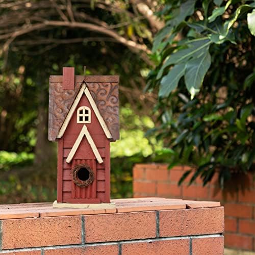 Glitzhome Solid Wood Distressed Cottage Garden Birdhouse Hanging Bird House for Outdoors 12" H,Red