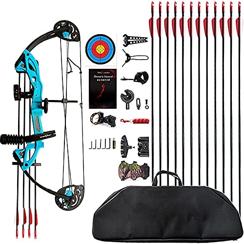 PANDARUS Compound Bow Archery for Youth and Beginner, Right/Left Handed,19”-28” Draw Length,15-29 Lbs Draw Weight, 260 fps, Package with Archery Hunting Equipment Carry Case(Blue Right Handed Pro)