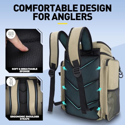 PLUSINNO Fishing Backpack with Rod Holders, 42L Water-resistant Fishing Tackle Bag With 4 Tackle Boxes,Fishing Gear For Camping, Hiking, Fishing Gifts for Men Khaki