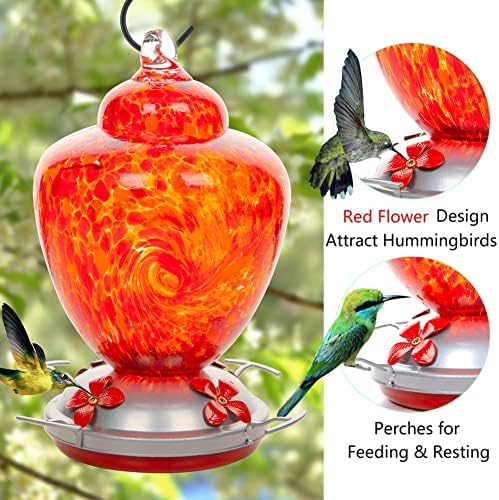 REZIPO Hummingbird Feeder with Perch - Hand Blown Glass - Red - 38 Fluid Ounces Hummingbird Nectar Capacity Include Hanging Wires and Moat Hook