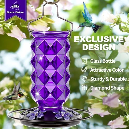 2 Pack Glass Hummingbird Feeders for Outdoors, 25 Ounces Wild Bird Nectar Feeder with Perch & 5 Flower Feeding Ports Leak Proof Hanging for Garden Backyard Decor, Gifts for Women Mom, Red & Purple