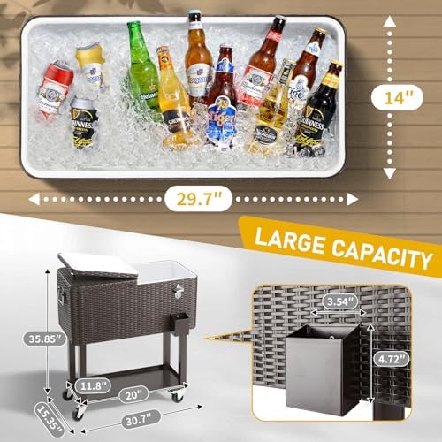 Outvita 80 Quart Rolling Ice Chest, Portable Bar Drink Cooler with Catch Basin, Bottom Storage Tray and Bottle Opener for Patio Party BBQ Beach Activities
