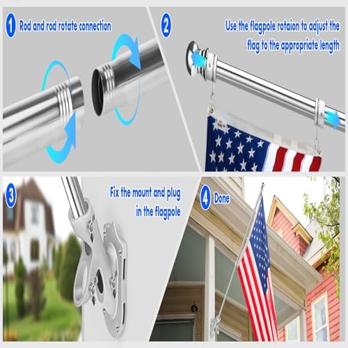 Anovo Flag Pole Kit- Stainless Steel 5 FT Flag Poles with1 Inch Metal 360° Rotating Flag Pole Rings Clip, Two-Position Flag Pole Holder Brackets Mounting for Outside House Outdoor Porch(5 FT - Sliver)