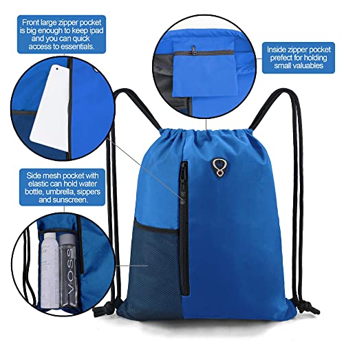 BeeGreen Royalblue Draw Strap Backpack For Men With Water Bottle Pocket &Front Zippered Pocket Large String Bags For Traveling Yoga Beach Outdoor Gym
