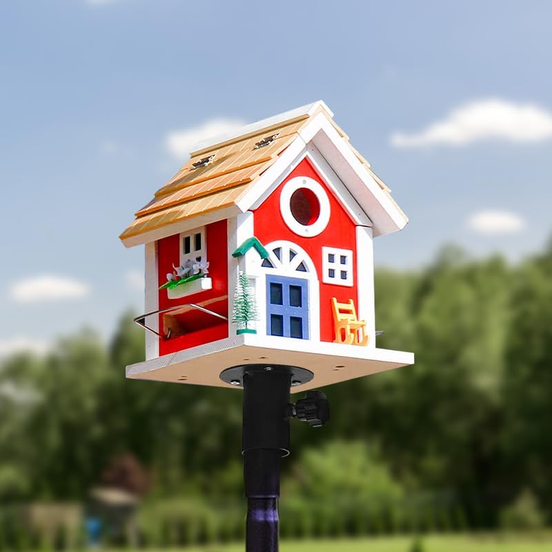 Masterpiece Bluebird House for Outside - Solid Cedar Wood Bird House Bird Feeder for Outdoor - Stainless Hardware - 2 Optional Hole Size 1.5" /1.25" - Garden Center Piece (Red Mansion)