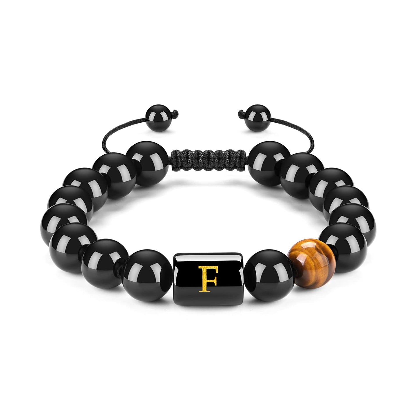 FRG Initials Bracelets for Men Letter Link Handmade Natural Black Onyx Tiger Eye Stone Beads Braided Rope Meaningful Bracelet
