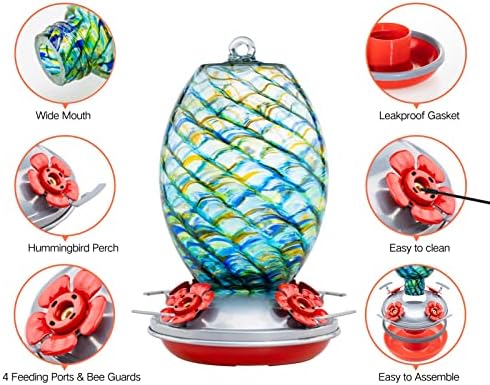 Muse Garden Glass Humming Bird Feeders for Outdoors - 27OZ Blown Glass Hummingbird Feeder - Unique Gift for Mom Women Grandparents, Outdoors Hanging Garden Decor, Ant Moat & Brush, Beach Mermaid