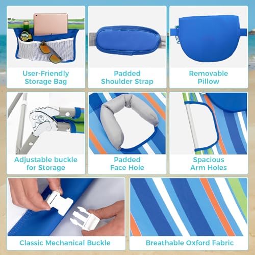 #WEJOY Folding Tanning Chair with Face Hole, 5 Positions Face Down Beach Lounge Chairs with Pillow for Outside Sunbathing Poolside (Blue/Green)
