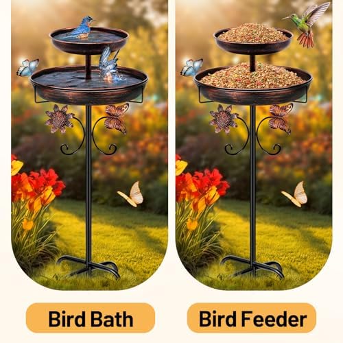 Daoeny Bird Bath for Outside, 42In Vintage Freestanding Birdbaths for Outdoors, Double Metal Bird Bath Feeder Bowls for Garden Patio Yard Lawn Decor, Upgraded 5-Pronged Base (Antique Bronze)