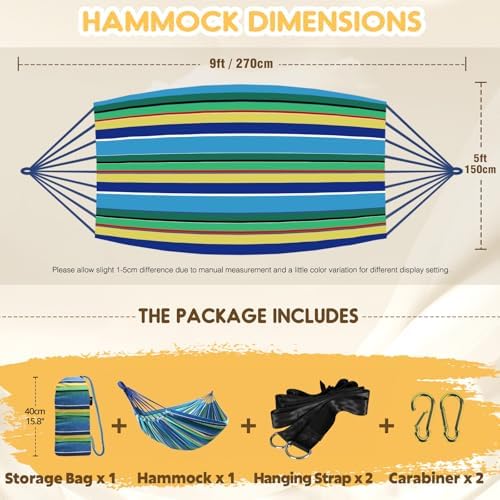 ANYOO Cotton Hammock Portable Camping Hammocks for Hanging Sturdy Garden Comfortable Fabric Hammock with Tree Straps Up to 660lbs with Travel Bag for Camping Outdoor/Indoor Patio Backyard