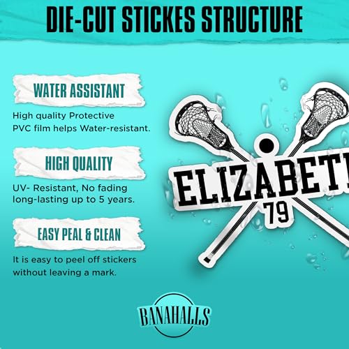 Lacrosse Stick Ball Player Sport Name Custom Sticker Personalized Customized Name Lacrosse Player Waterproof Vinyl Sticker for Water Bottle Laptop Hard Hat Tumbler Cup Cars Birthday Gift for Her Him