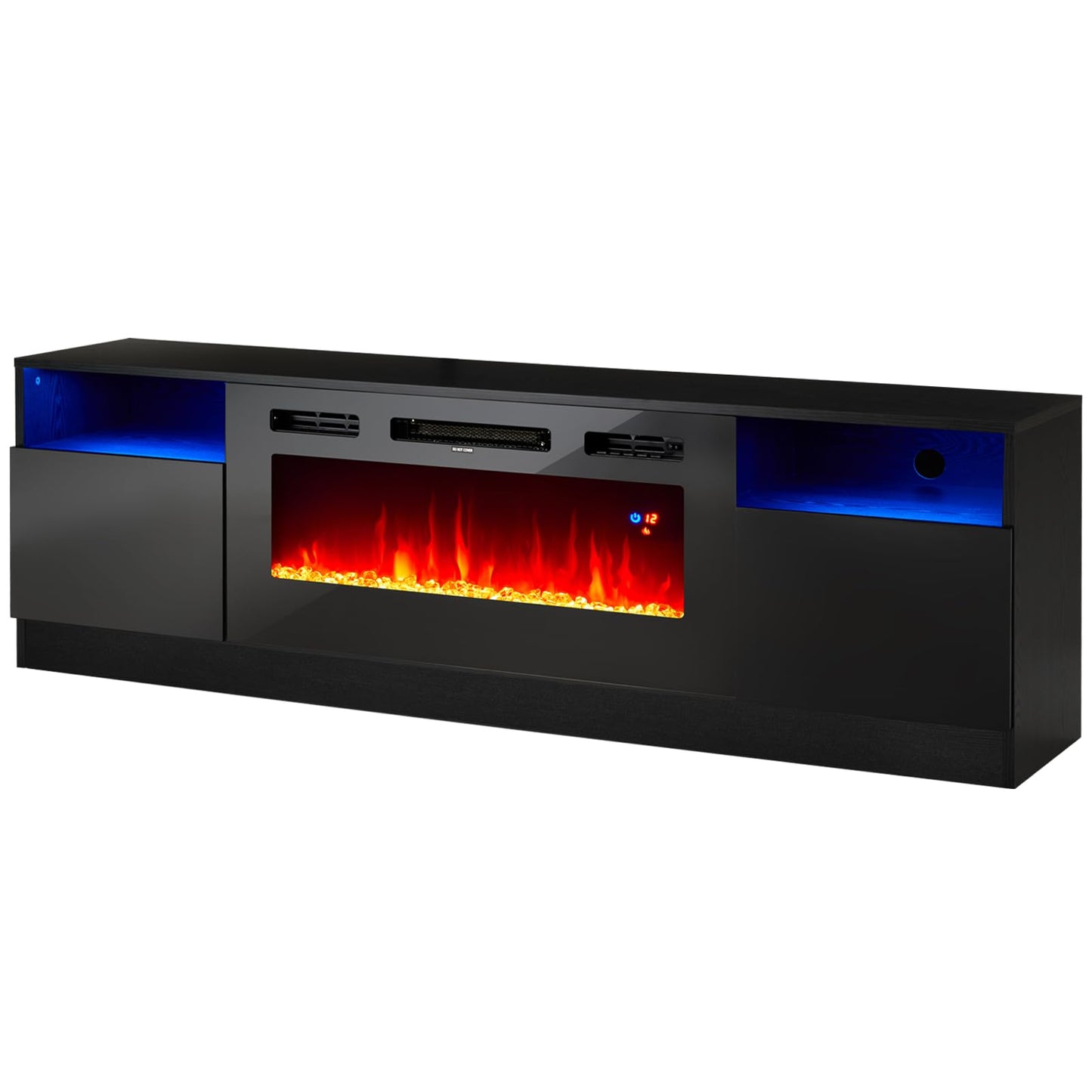 Amerlife Fireplace TV Stand with 36" Electric Fireplace, LED Light Entertainment Center, Modern Wood Texture Entertainment Stand with Highlight Storage Cabinet for TVs Up to 80", 70 inches, Black