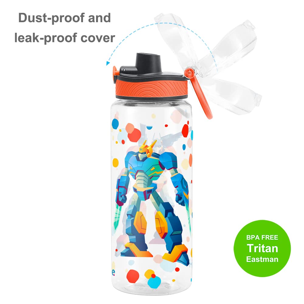 Cute Water Bottle for School Kids Girls, BPA FREE Tritan & Leak Proof & Easy Clean & Carry Handle, 23oz/ 680ml (Robot)