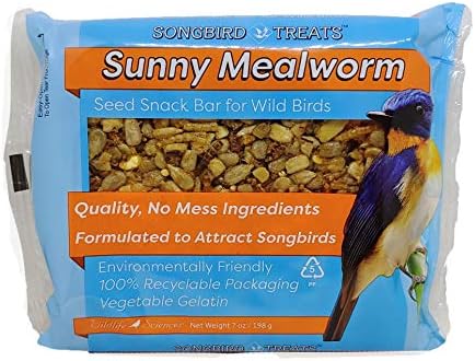 Songbird Treats Seed Bars | 12 Pack of 7 oz Bird Seed Cakes for Wild Birds (Sunny Mealworm)