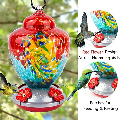 REZIPO Hummingbird Feeder with Perch - Hand Blown Glass - 38 Fluid Ounces Hummingbird Nectar Capacity Include Hanging Wires and Moat Hook (Half Red)