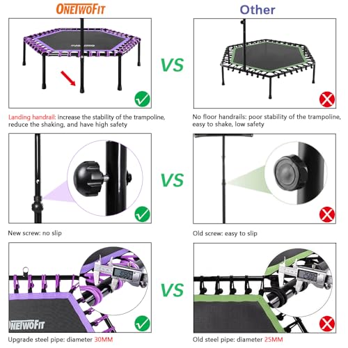 ONETWOFIT 48" Silent Mini Trampoline with Adjustable Handle Bar Fitness Trampoline Bungee Rebounder Jumping Cardio Trainer Workout for Adults