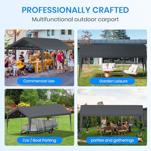 Carport 10x20 Heavy Duty Portable Garage,Galvanized Frame Carport Canopy,Portable Garages and Shelters with 8 Leg&4 Wind Rope,Car Tent Garage with All-Season Tarp for Boat Truck Bike,Without Sidewall
